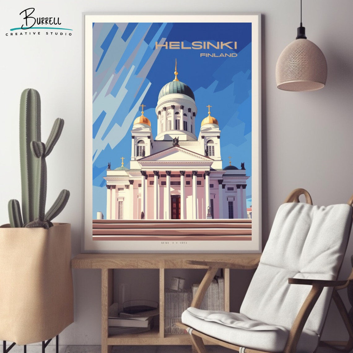 Helsinki Finland Cathedral White Dome Nordic Retro Travel Poster