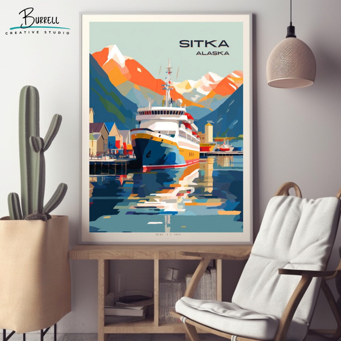Sitka Alaska Cruise Ship Harbor Snowy Mountain Waterfront Poster - Image 2
