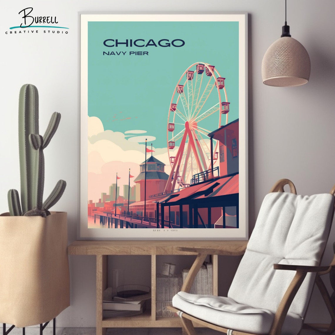 Chicago Navy Pier Ferris Wheel Retro Lakeside Sunset View Poster - Image 2