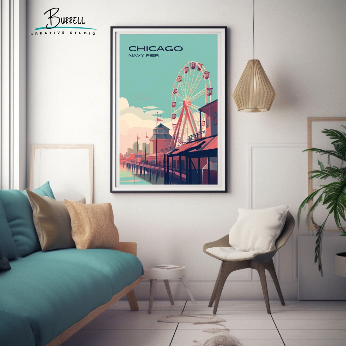 Chicago Navy Pier Ferris Wheel Retro Lakeside Sunset View Poster - Image 3