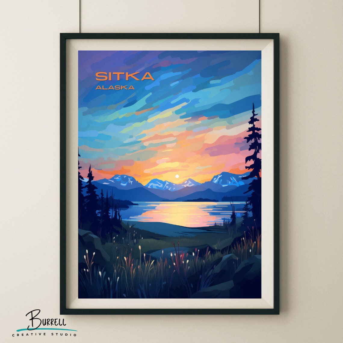Sitka Alaska Sunset Lake Snowcapped Mountain Peaks Silhouette Poster