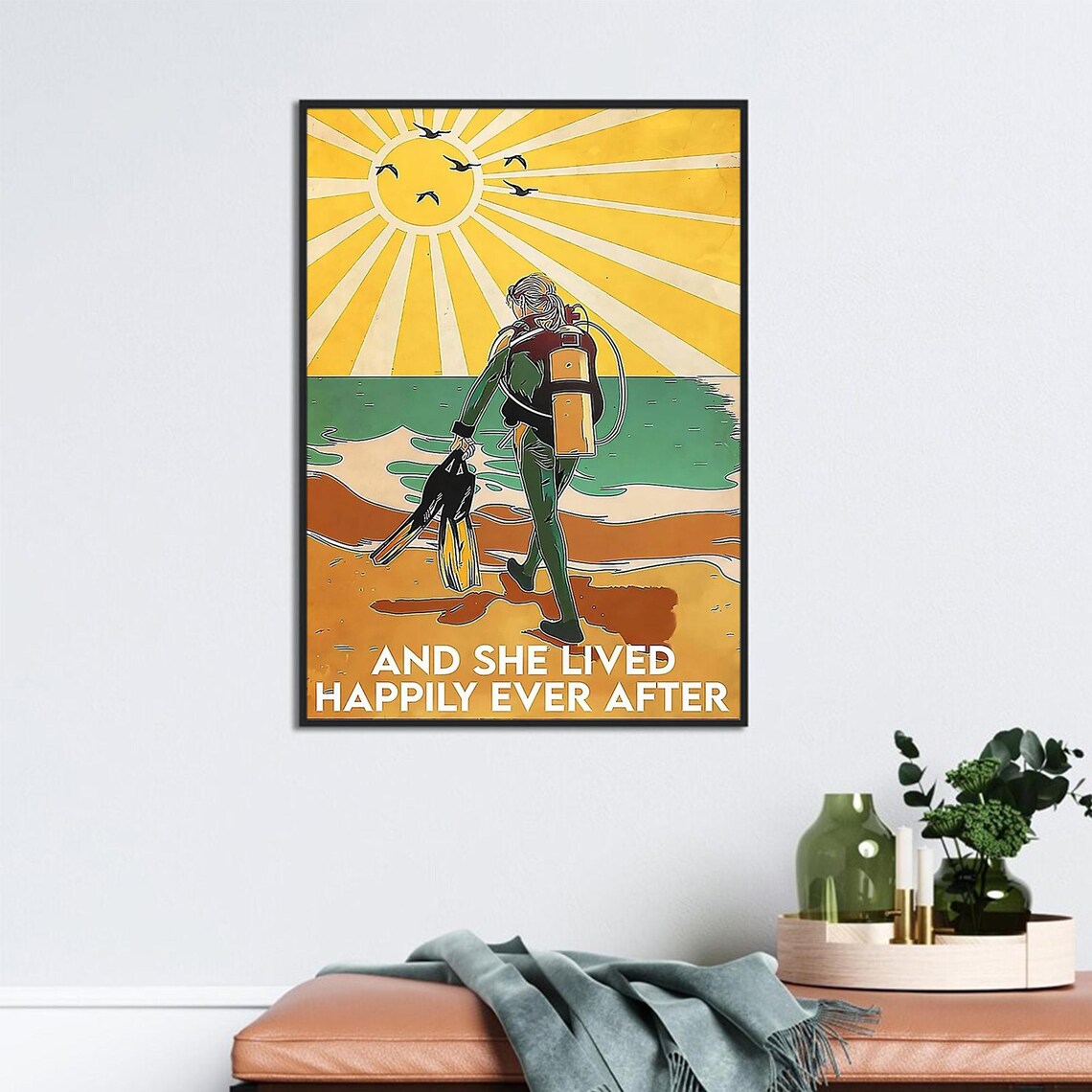 Vintage Scuba Girl Sunset Beach She Lived Happily Ever After Poster - Image 2
