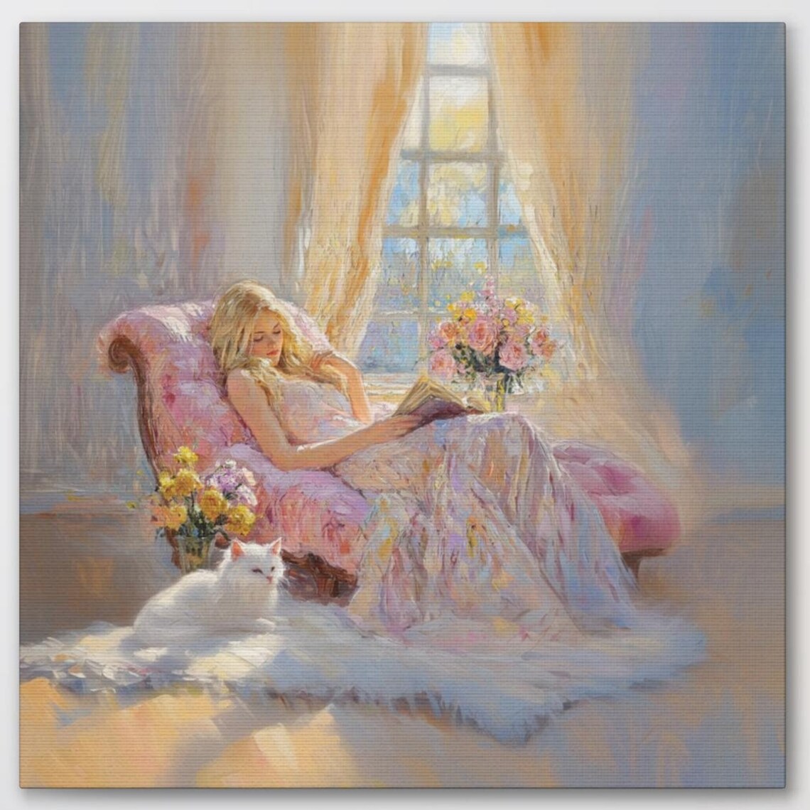 Woman Reading on a Chaise Lounge with a White Cat Sunlit Poster