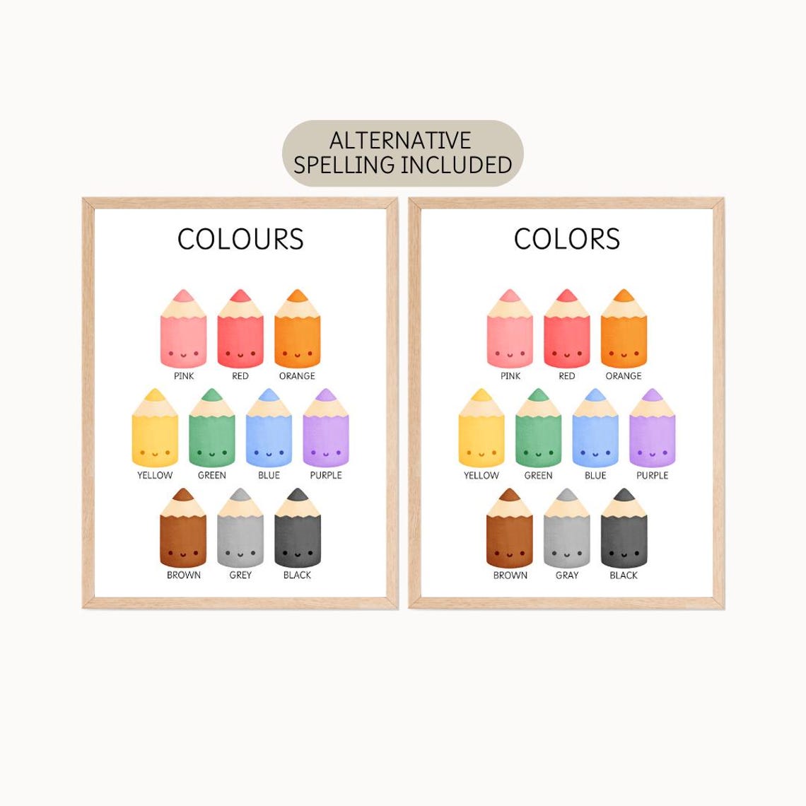 Crayon Colors Chart Kids Educational Poster US And UK Spellings