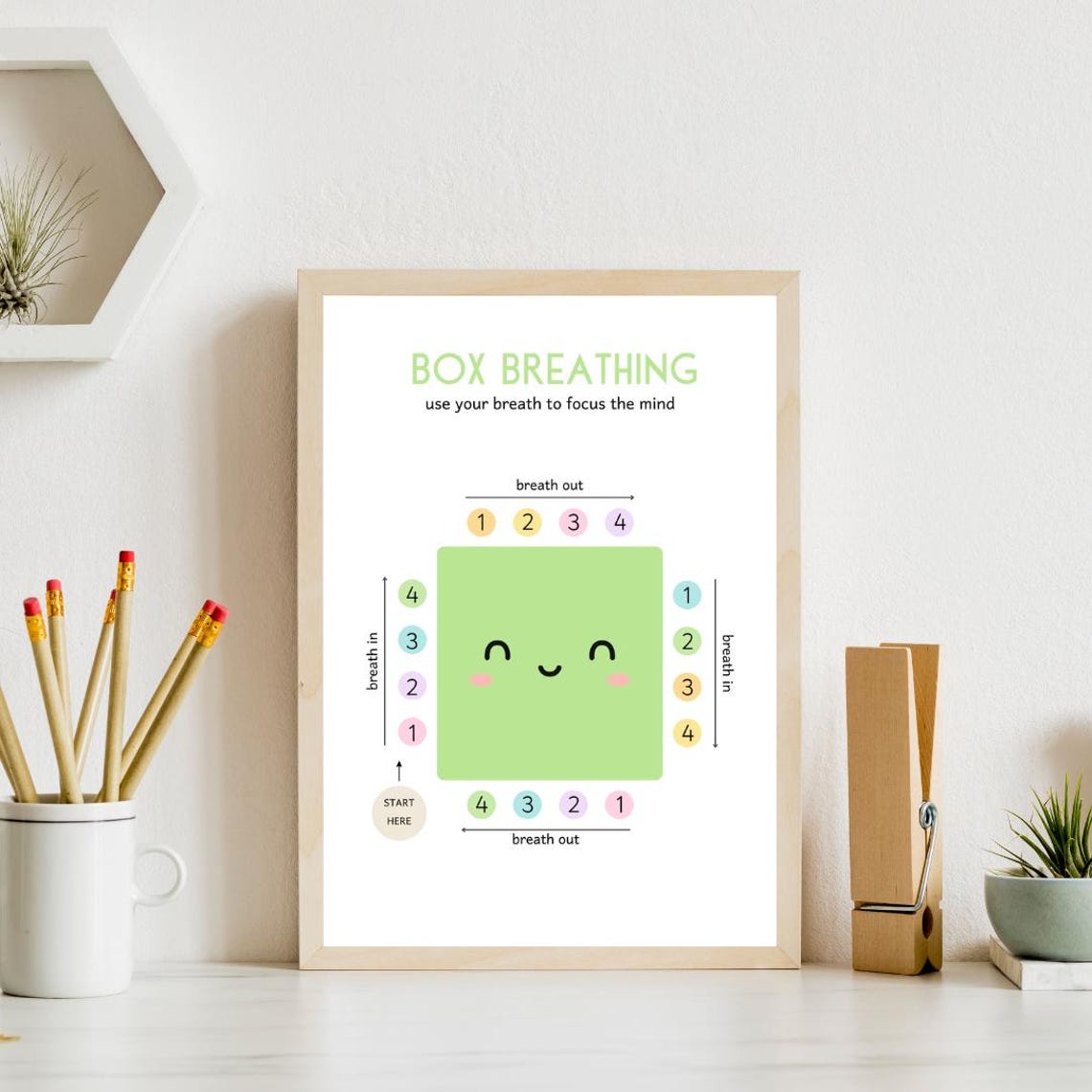 Box Breathing Exercise Cute Smiling Square Kids Mindfulness Poster - Image 3