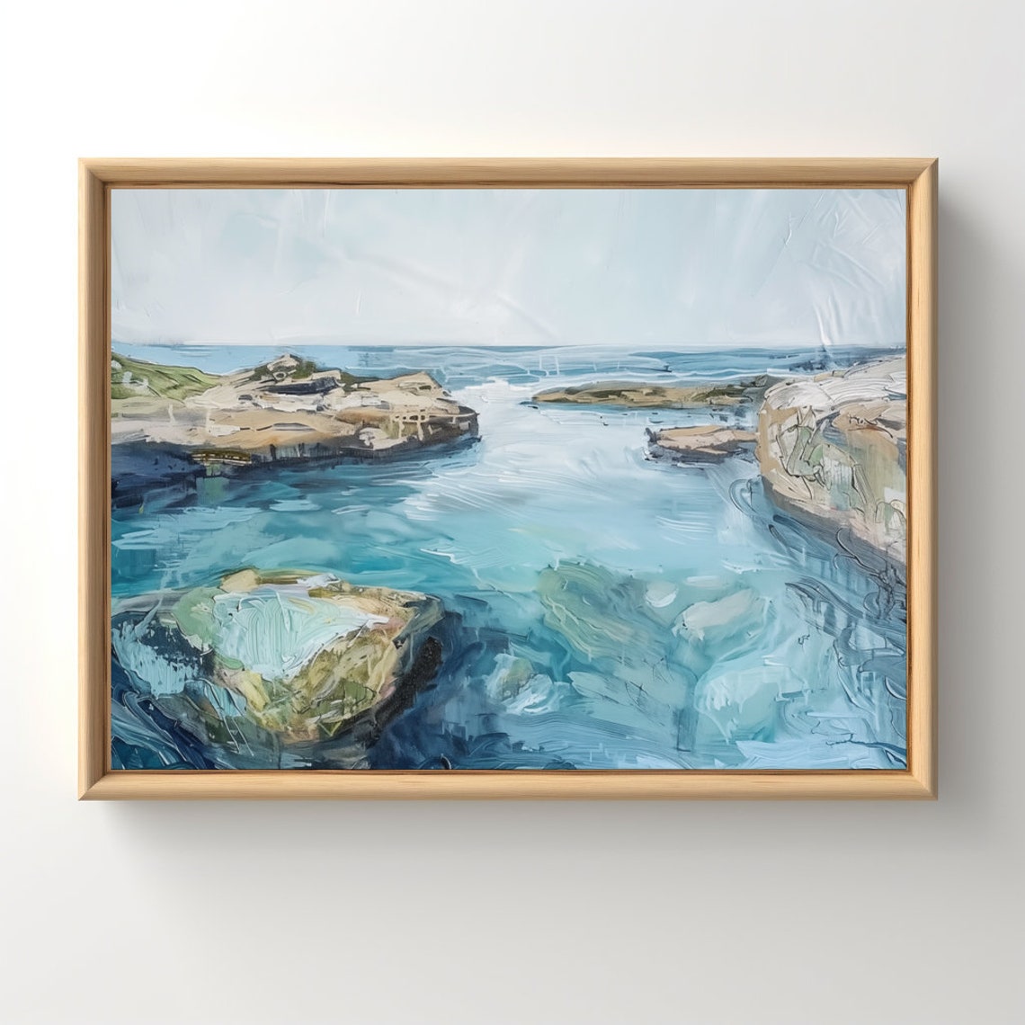 Rocky Coastal Rock Pools Turquoise Sea Impressionist Art Poster