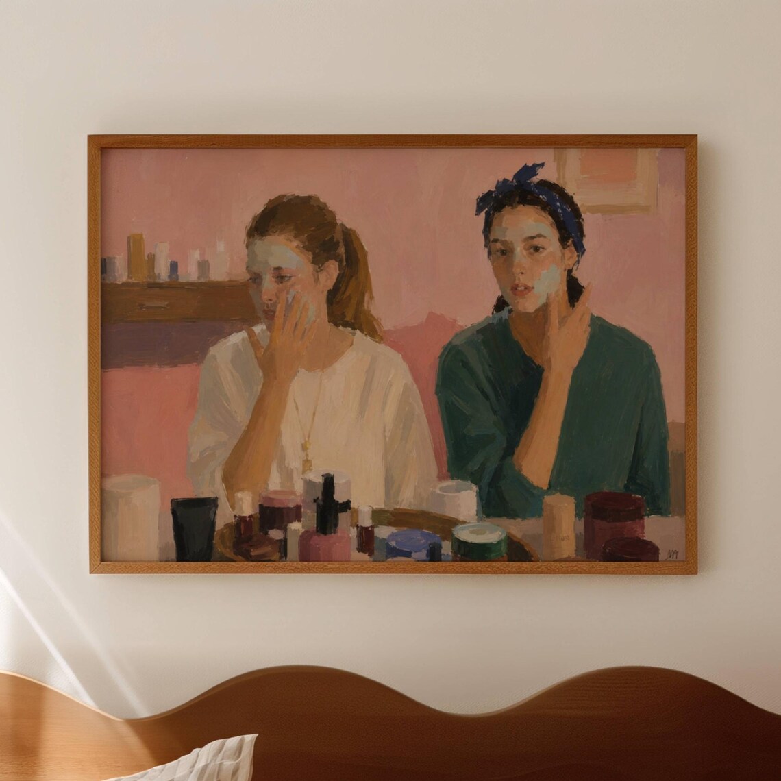 Women With Face Masks Self Care Night Pink Oil Painting Poster