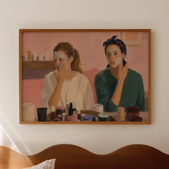 Women With Face Mask Self Care Pink Oil Painting Print Horizontal Above Bed Wall Art Hand Drawn Retro Contemporary Girly Poster