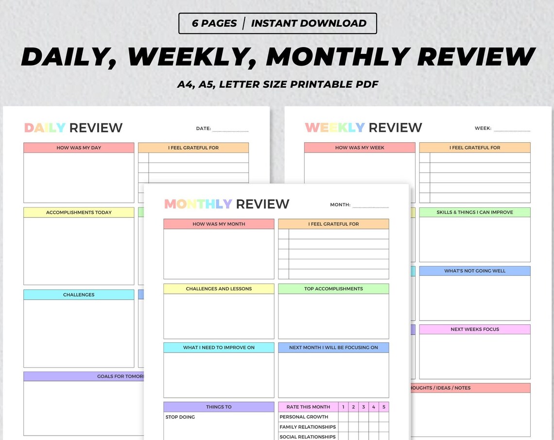 Daily Weekly Monthly Review Planner Printable Reflection Journal Poster