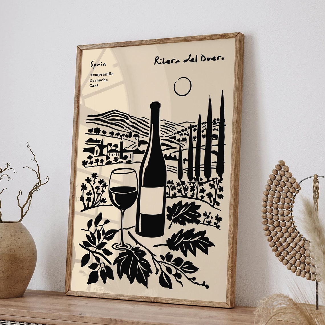 Ribera Del Duero Spain Wine Black Ink Bottle Glass Vineyard Poster