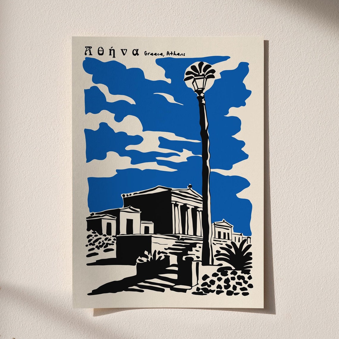 Athens Greece Acropolis Handdrawn Blue Sky Travel Art Poster