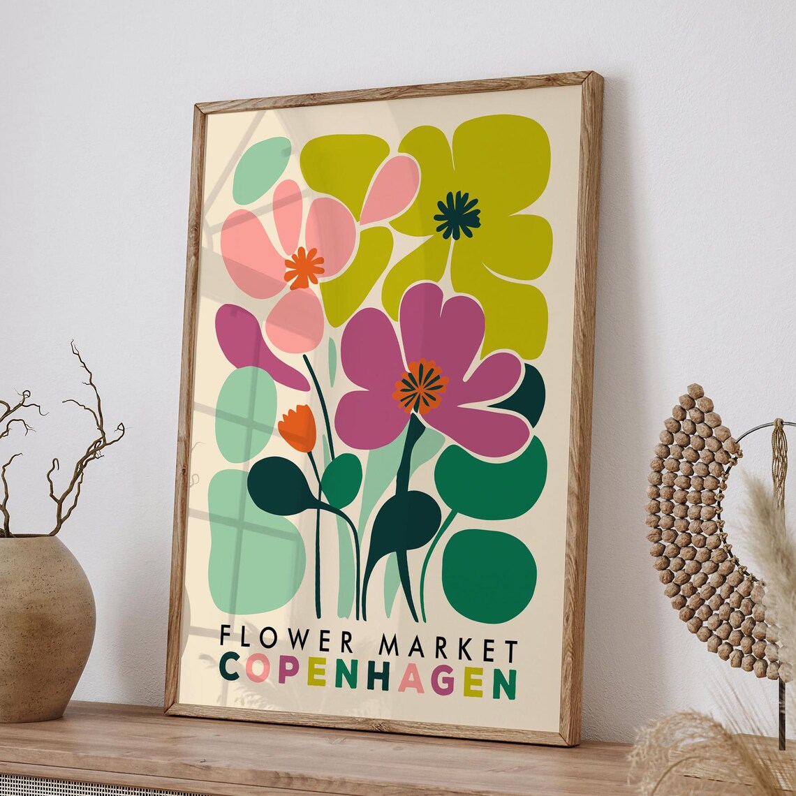 Bold Colorful Flower Market Copenhagen Mid Century Floral Poster
