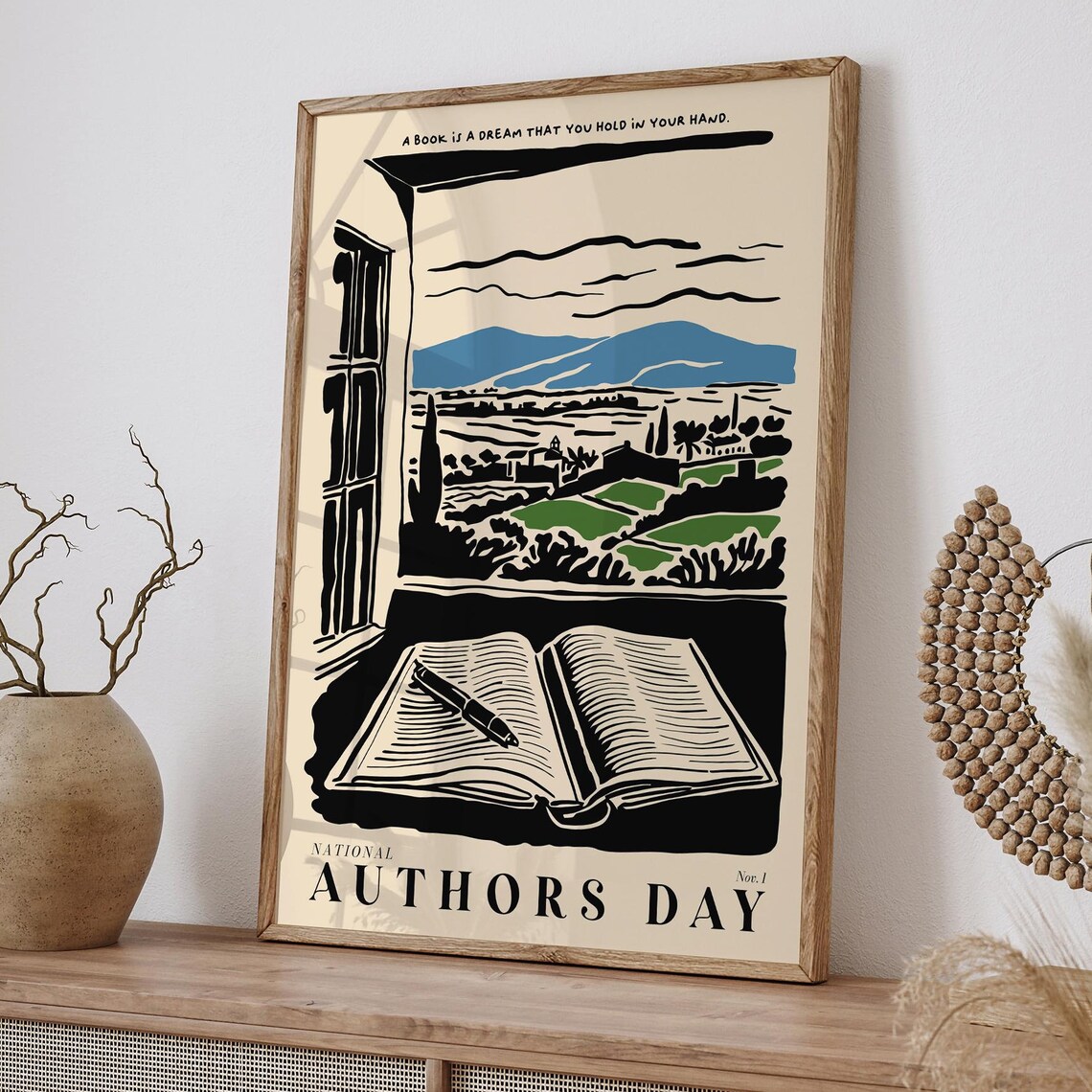 National Authors Day Open Book Window View Quote Literary Poster