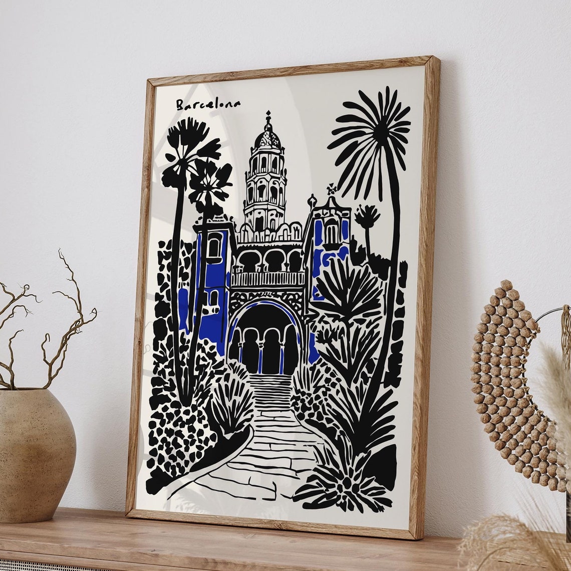 Barcelona Spanish Architecture Black Ink Blue City Landmark Poster