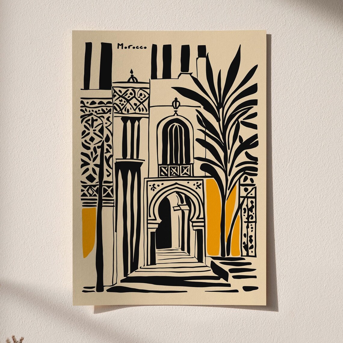 Morocco Minimalist Black Ink Archway Courtyard Travel Poster