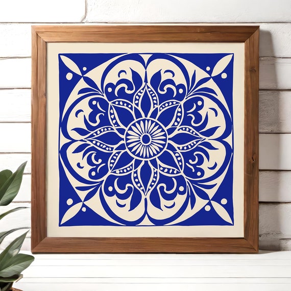 Blue Mandala Art Print Floral Boho Wall Art Nautical Art Bohemian Ornament Art Print Indigo Square Art Kitchen Art Print Mailed Print