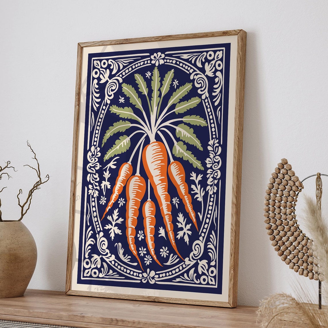 Orange Carrots Bunch Navy Botanical Kitchen Vegetable Poster