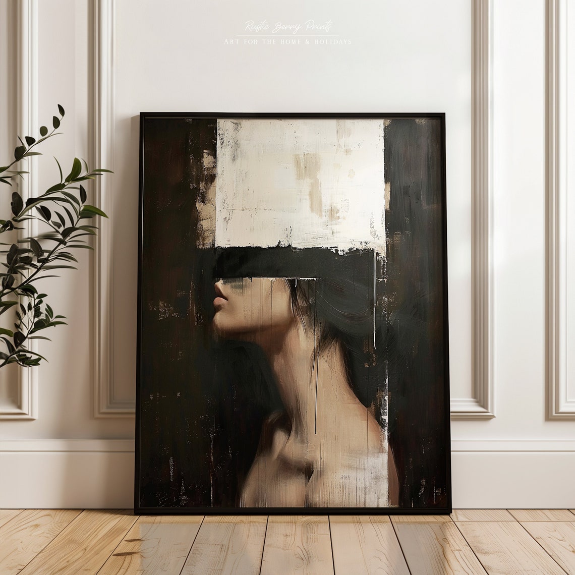 Abstract Woman Looking Up Paint Drip Black Beige Moody Portrait Print