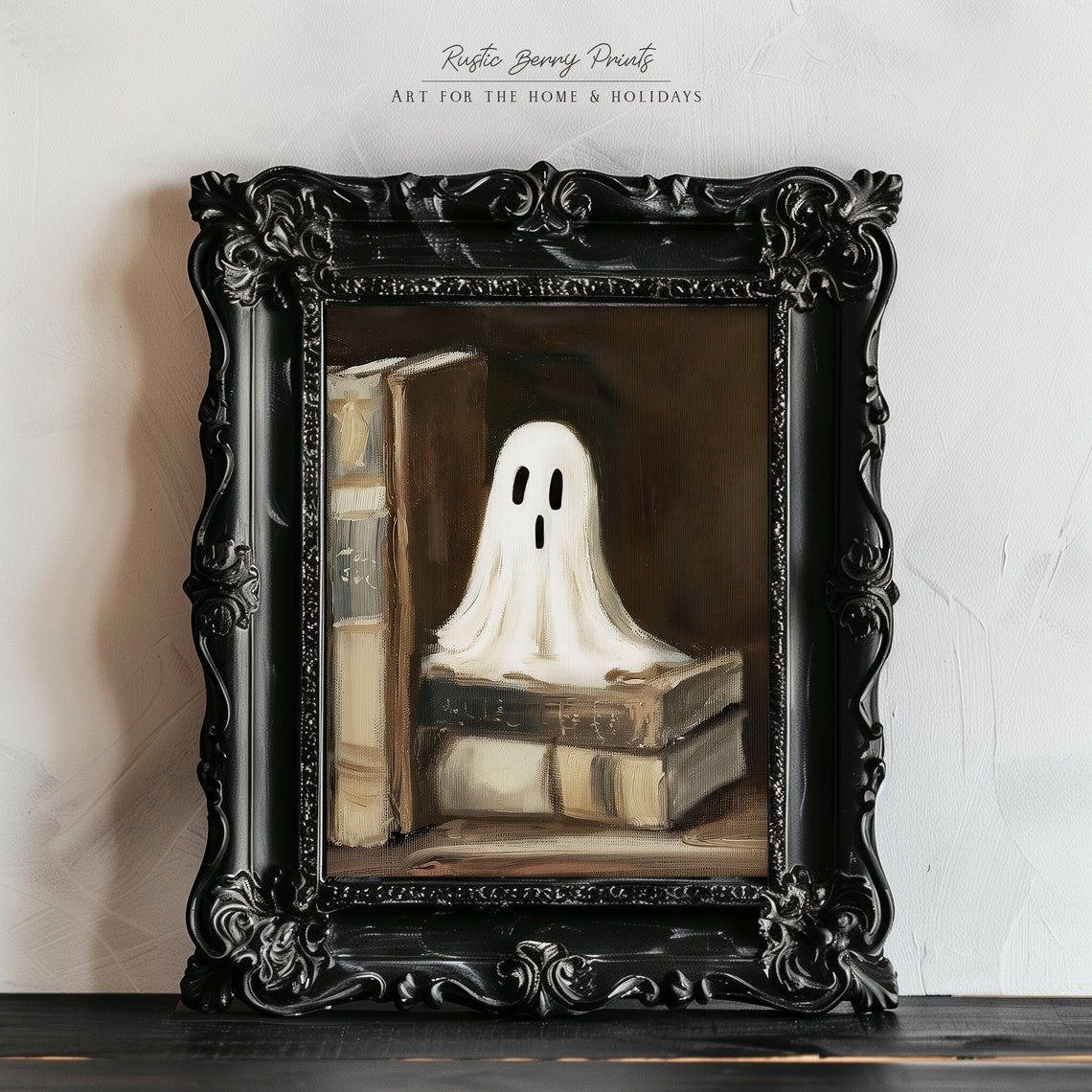 Cute Ghost Sitting On Stack Of Old Books Library Halloween Wall Art