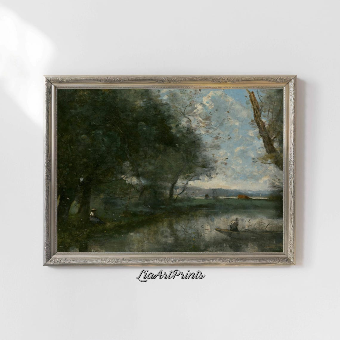 Wooded Riverbank with a Figure in a Boat Vintage Calm Landscape Poster - Image 4