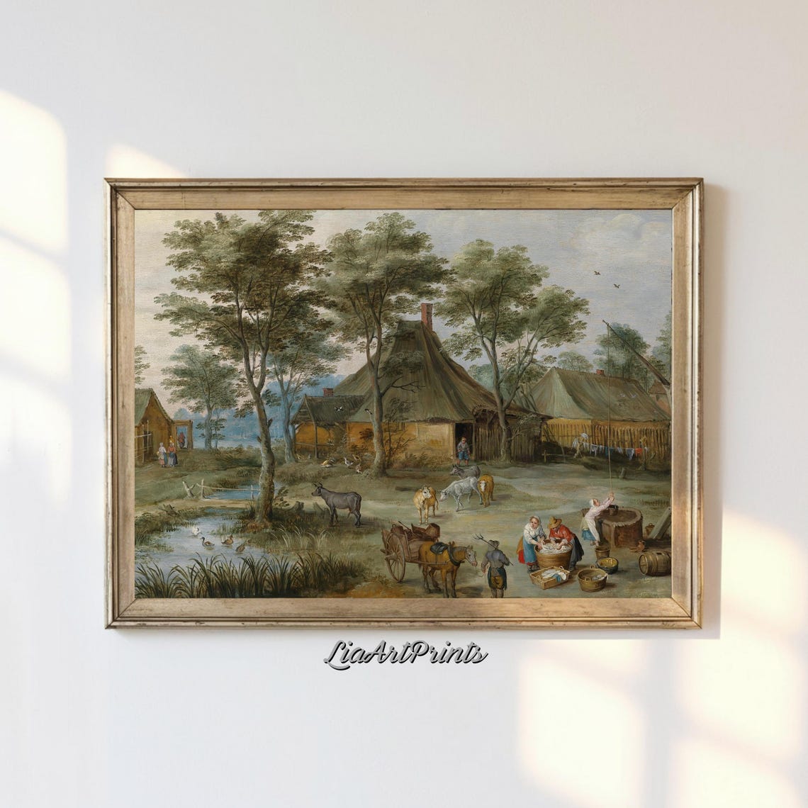 Rustic Dutch Farmyard Scene with Animals and Farmhouse Poster