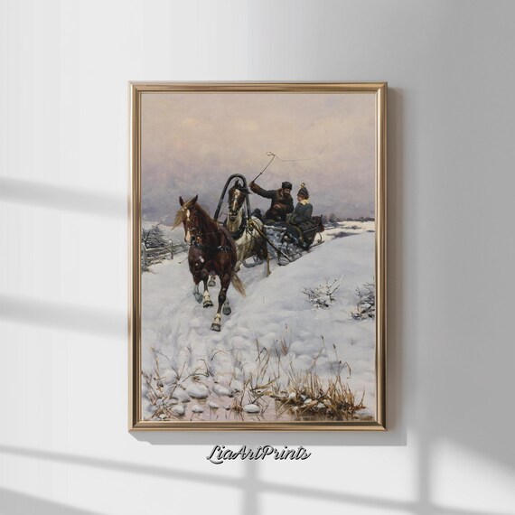 Winter Sleigh Ride Vintage Oil Painting with Troika and Horses in Snow Poster