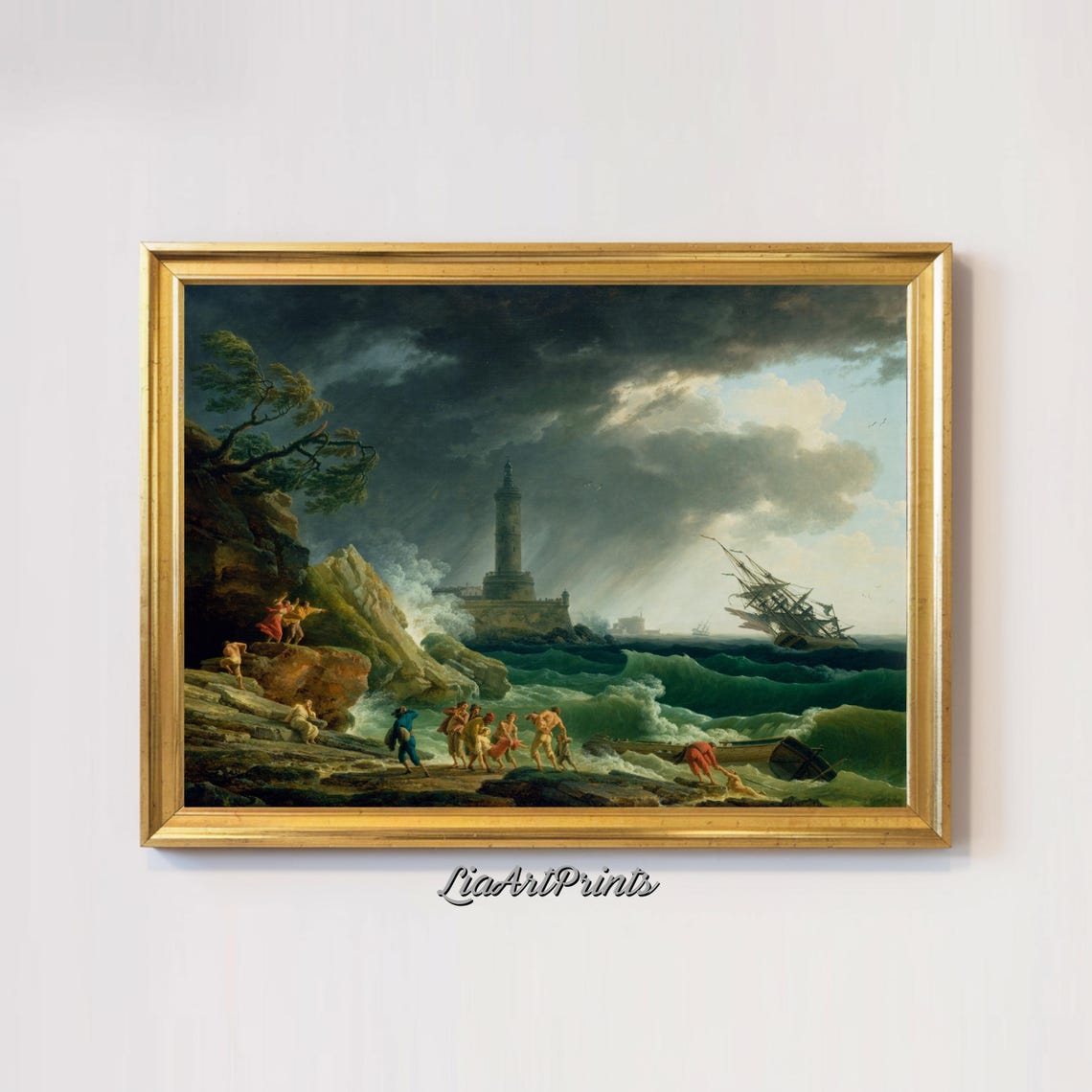 Stormy Lighthouse Shipwreck Dramatic Sea Rescue Antique Marine Poster - Image 2