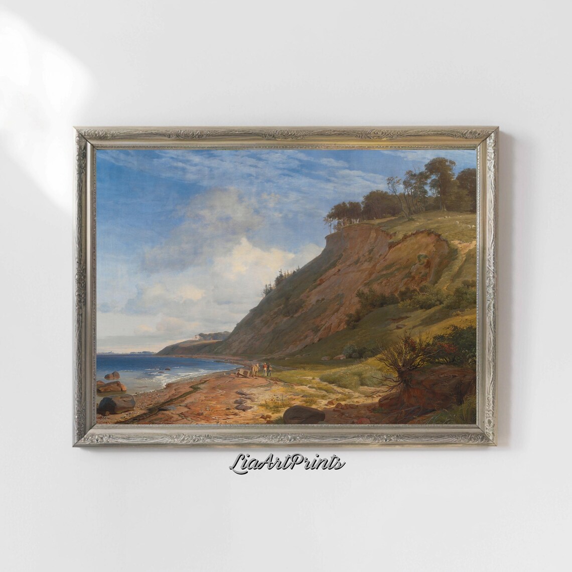 Sunny Coastal Cliff Beach Scene with Travelers and a Horse Poster - Image 4