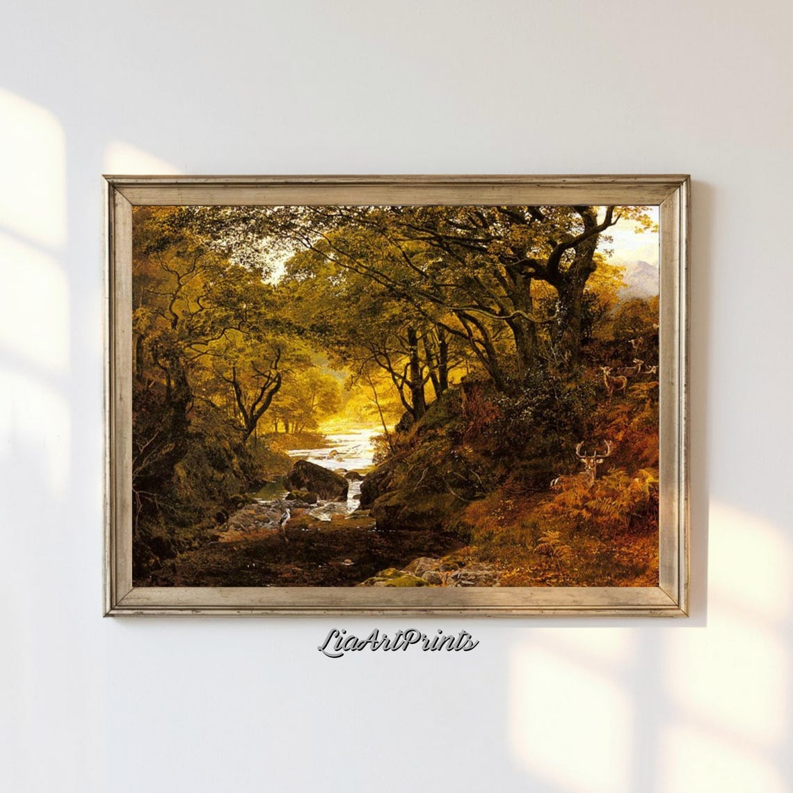 Golden Autumn Forest Ravine with Deer by a Mountain Stream Poster