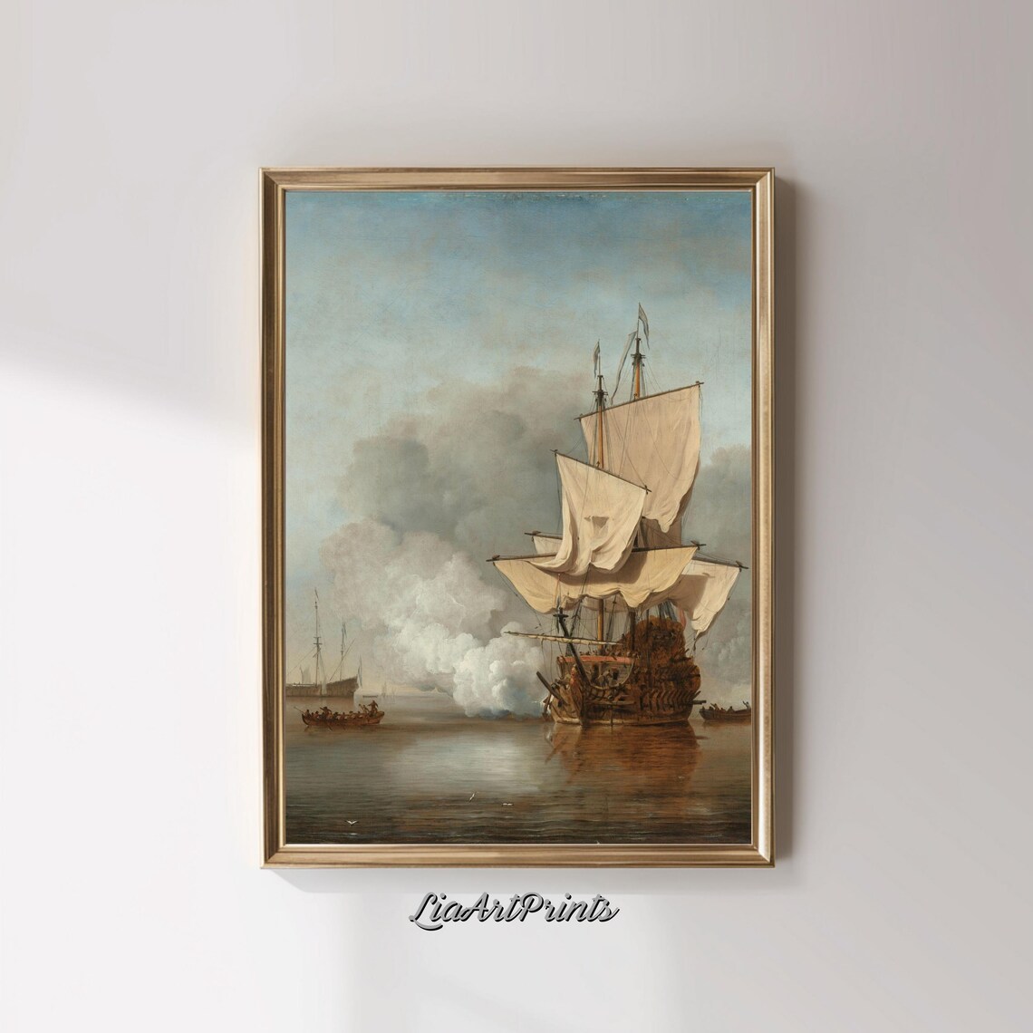 Tall Ship Cannon Salute Full Sails Antique Nautical Maritime Painting Poster - Image 3