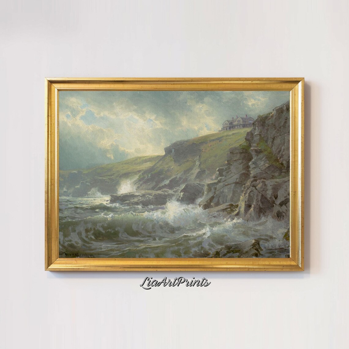 Coastal Cliffs Crashing Waves House On Clifftop Dramatic Seaside Poster - Image 3