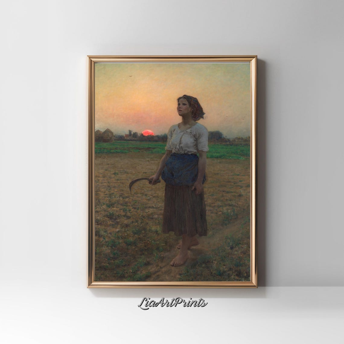 Sunset Harvest Female Farm Worker At Dusk Serene Rural Landscape Art Print - Image 2