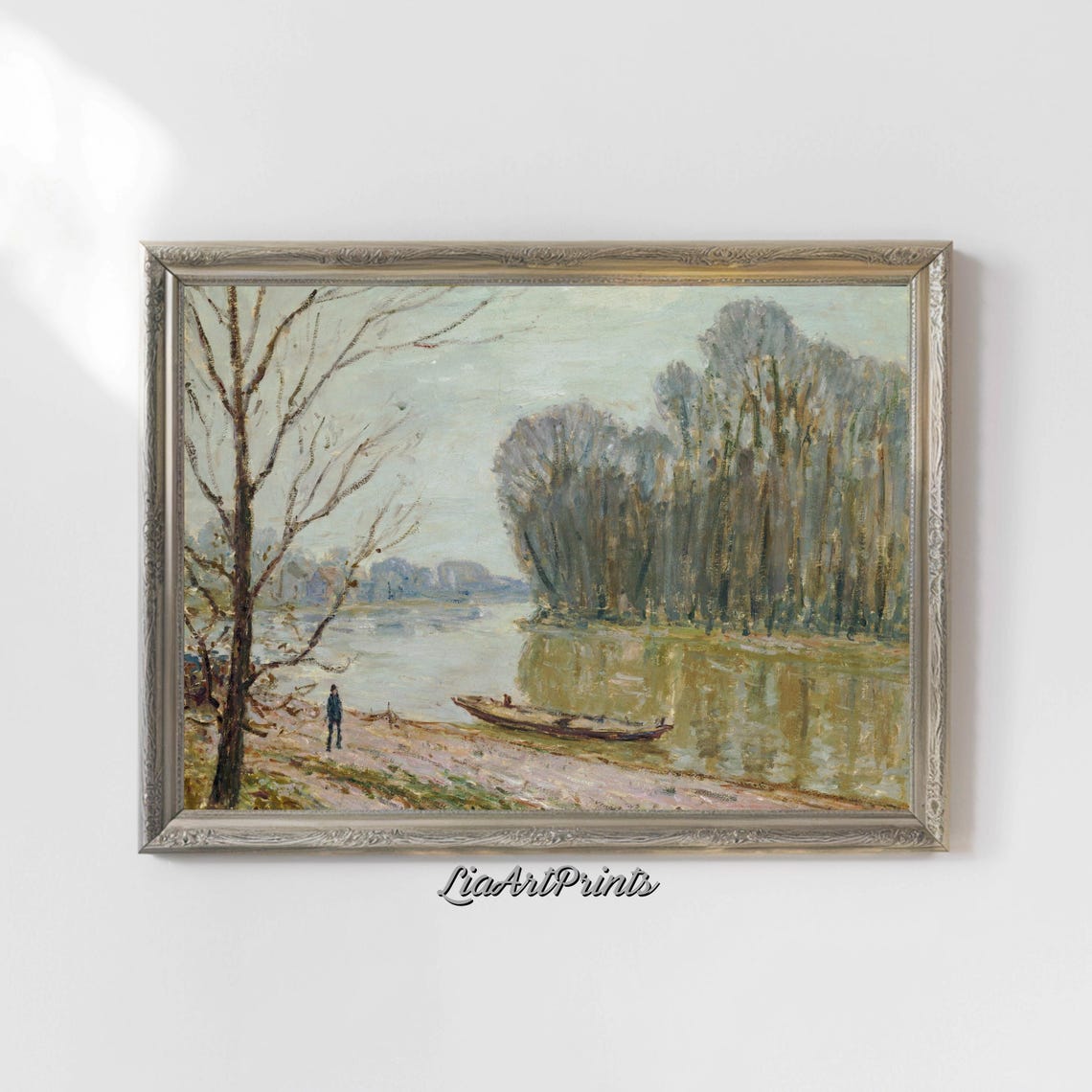 Misty Riverbank Rowboat Impressionist Morning Landscape Painting Print - Image 4