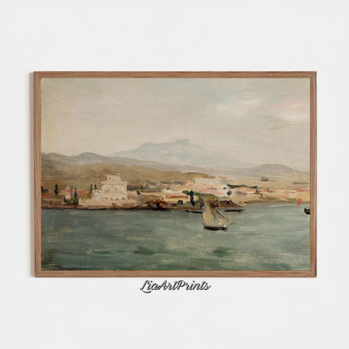 Serene Coastal Harbor Sailboat and Seaside Town Muted Vintage Poster - Image 2