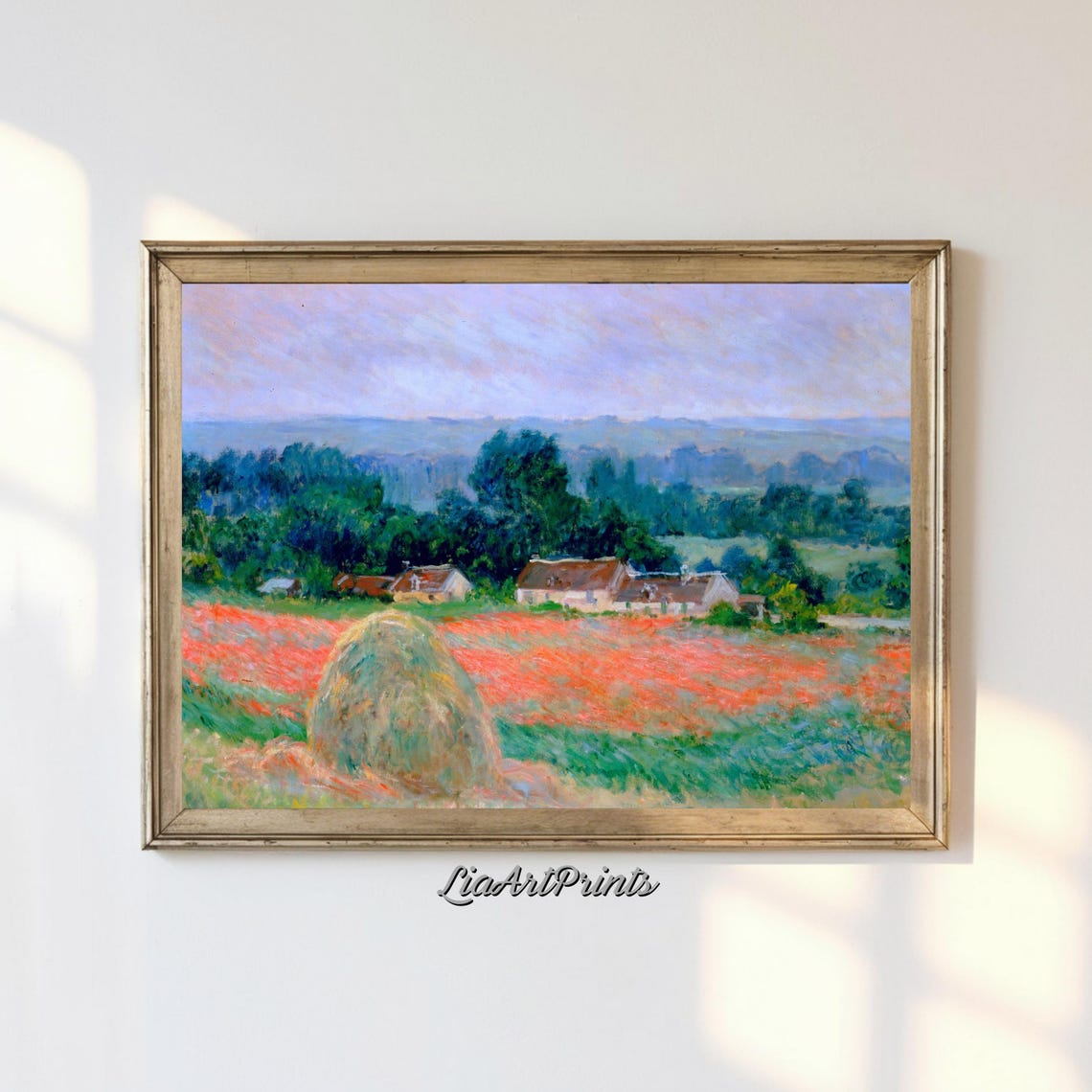 Haystack in Red Poppy Field with Cottages Impressionist Country Poster