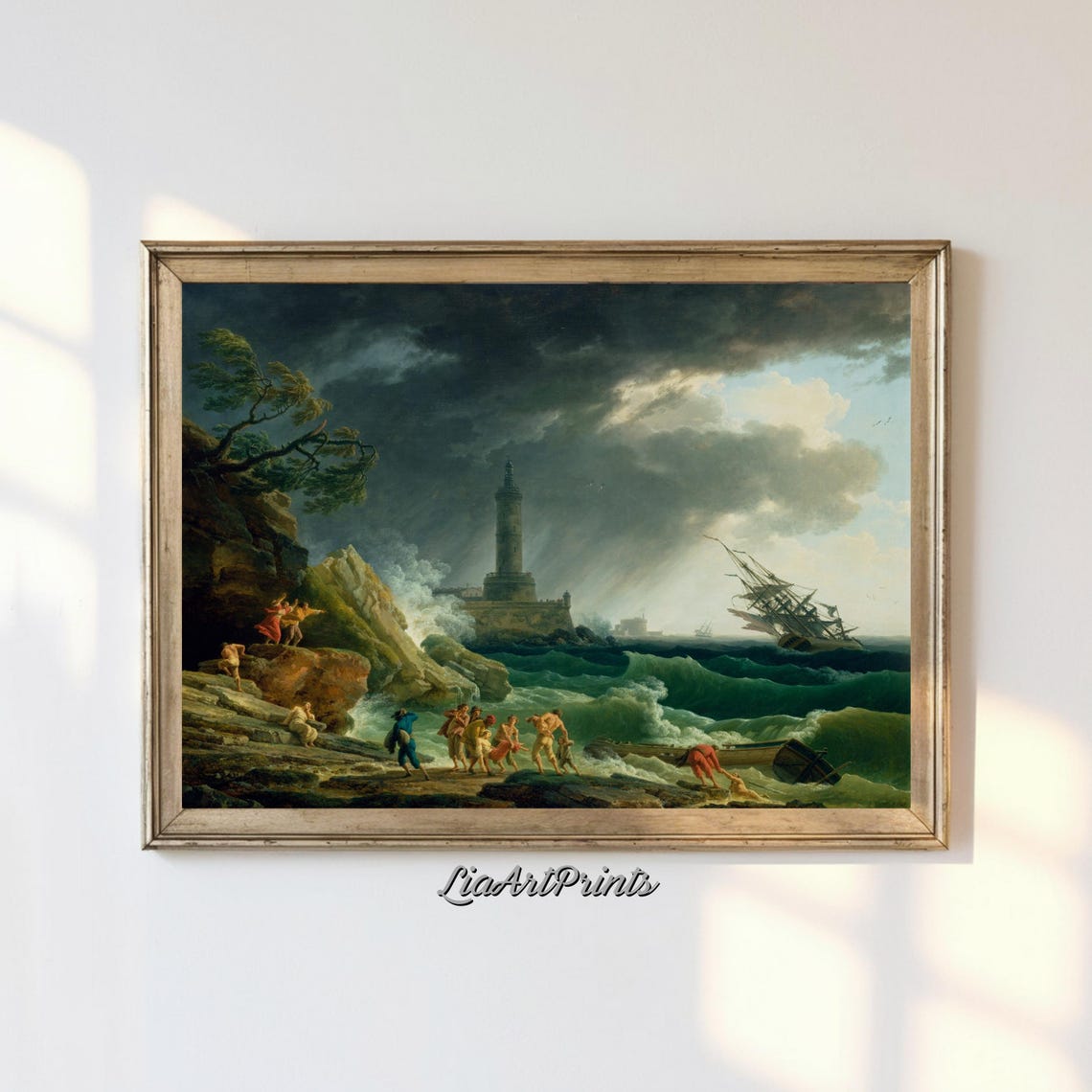 Stormy Lighthouse Shipwreck Dramatic Sea Rescue Antique Marine Poster