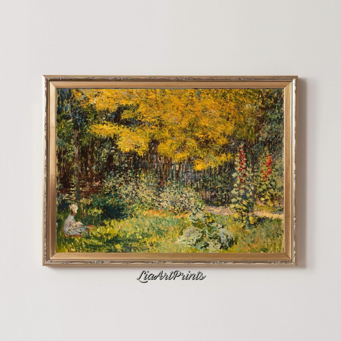 Golden Tree Garden Painting Impressionist Nature Scene Serene Outdoor Wall Art - Image 2
