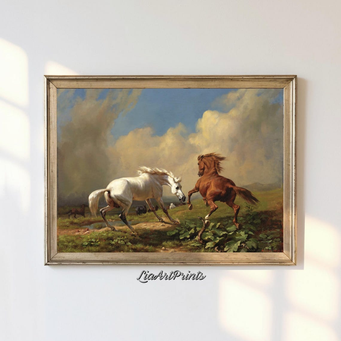 White and Chestnut Stallions Fighting Equestrian Classic Art Poster
