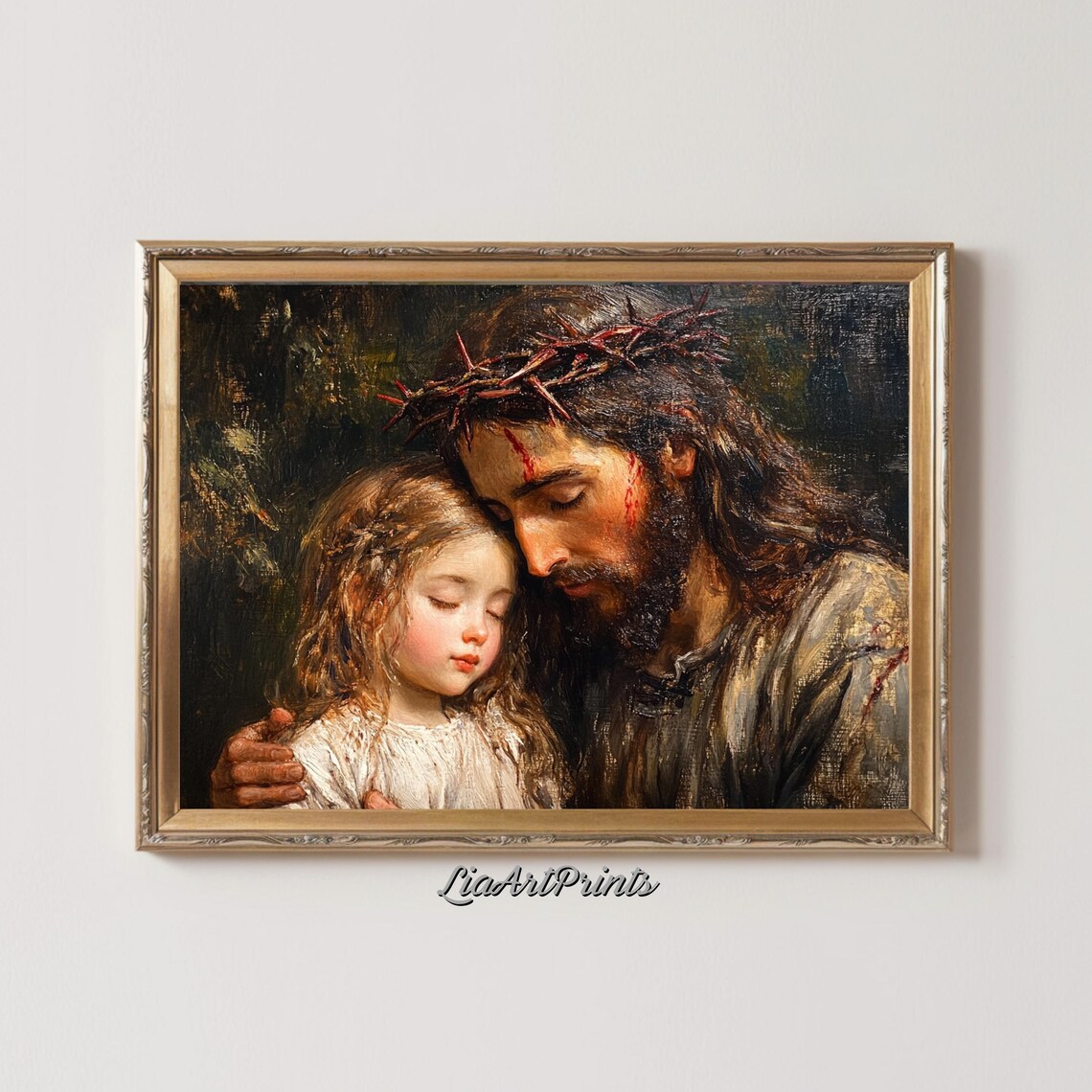 Jesus with Crown of Thorns Embracing Child Religious Oil Painting Poster - Image 2