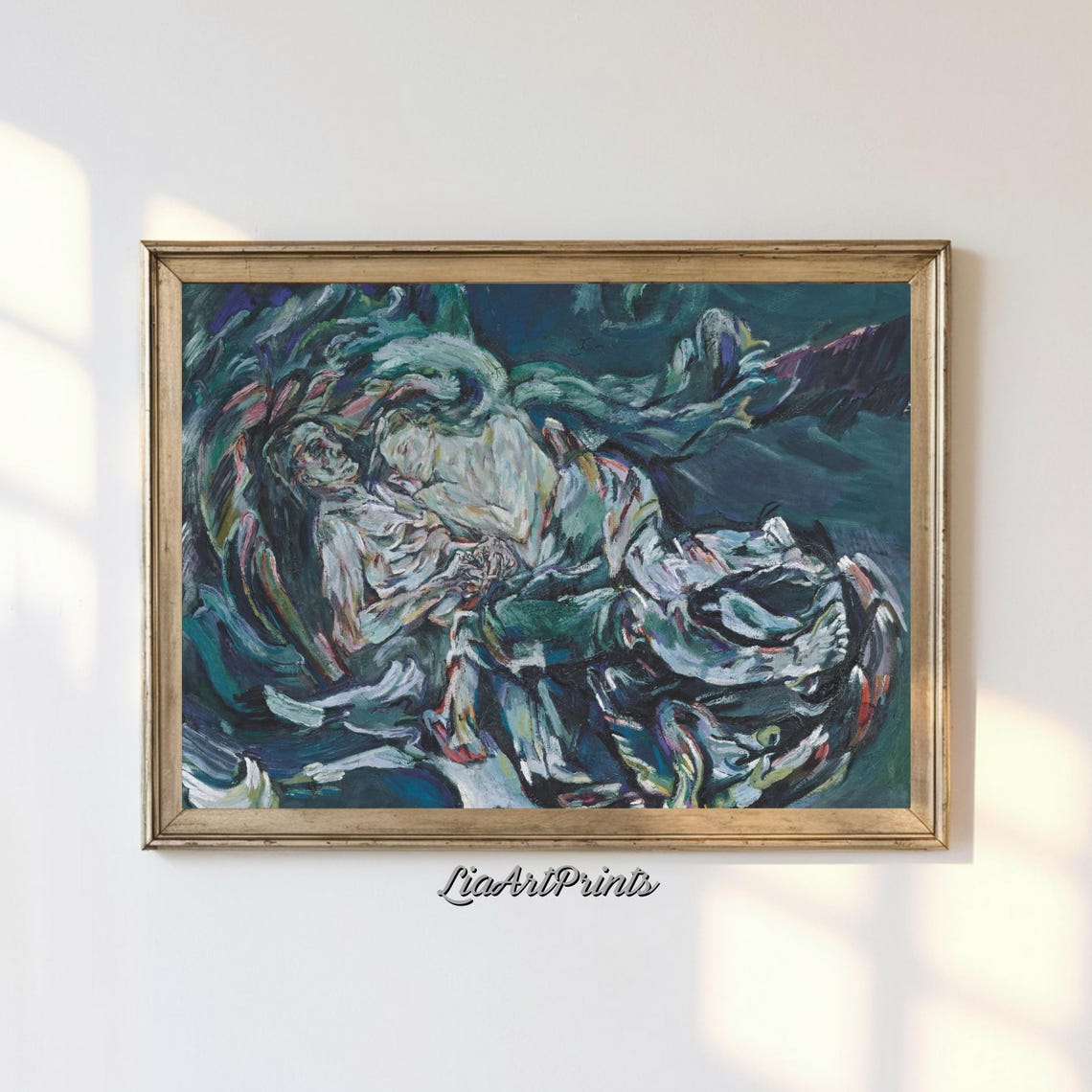 Expressionist Figure Amid Swirling Storm Deep Blue and Teal Oil Poster