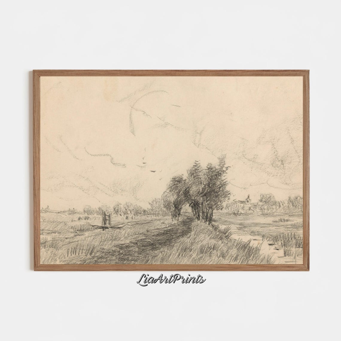Charcoal Pencil Sketch Windswept Trees Along Path Minimalist Poster - Image 3