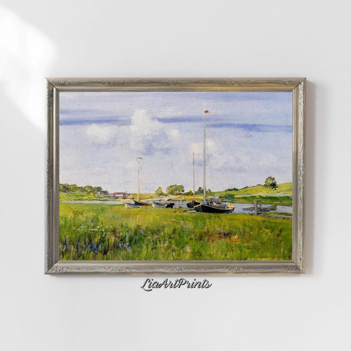 Impressionist Sailboats Resting on a Sunny Grassy Meadow Shore Poster - Image 4