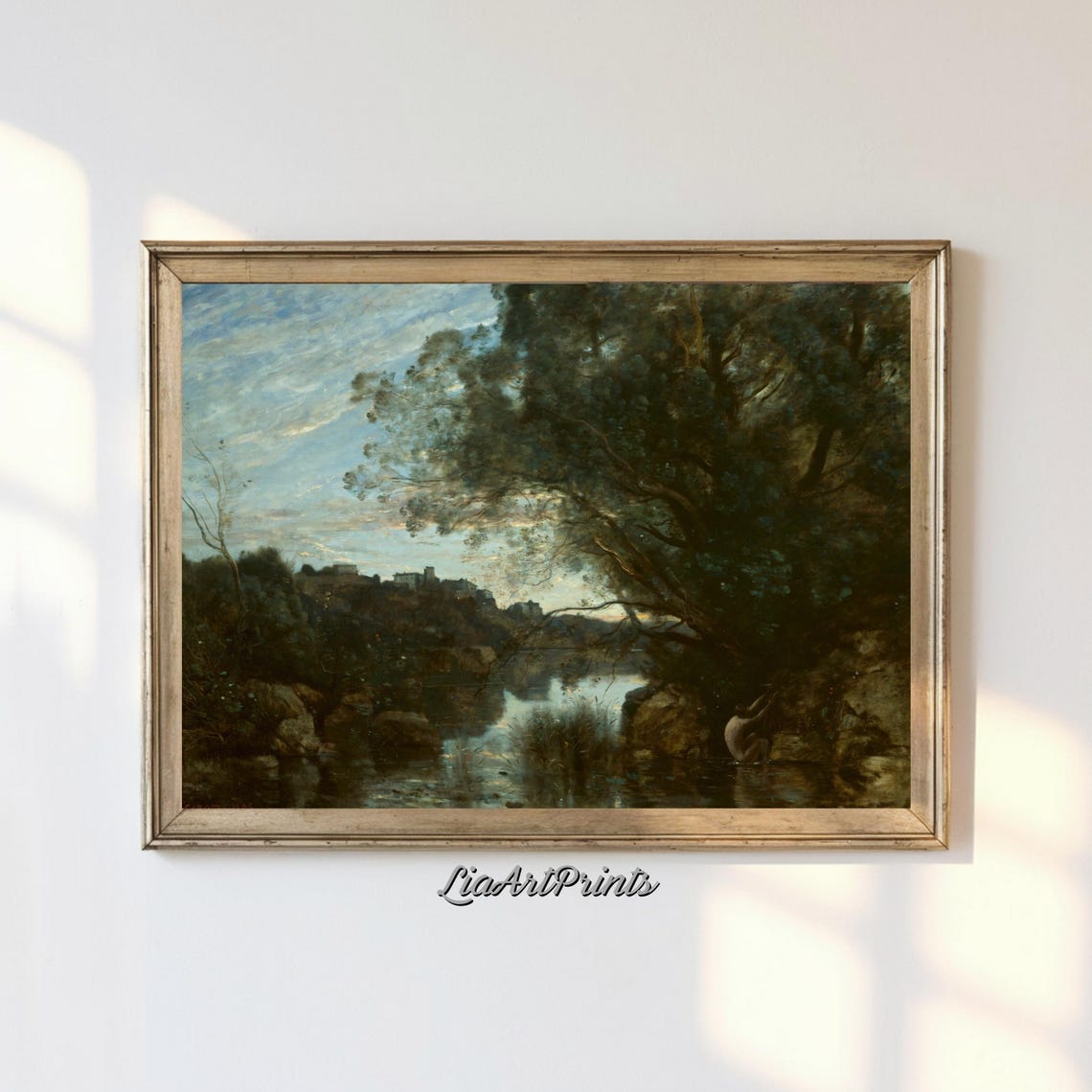 Moonlit River Dark Trees Antique Barbizon Woodland Landscape Poster