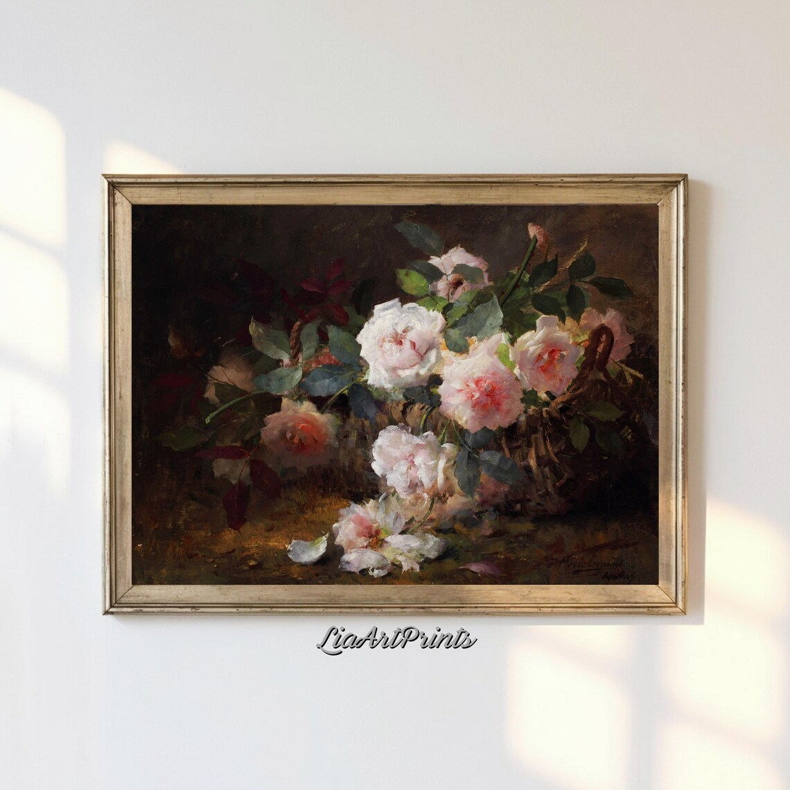 Vintage Pink Roses Wicker Basket Moody Floral Still Life Poster