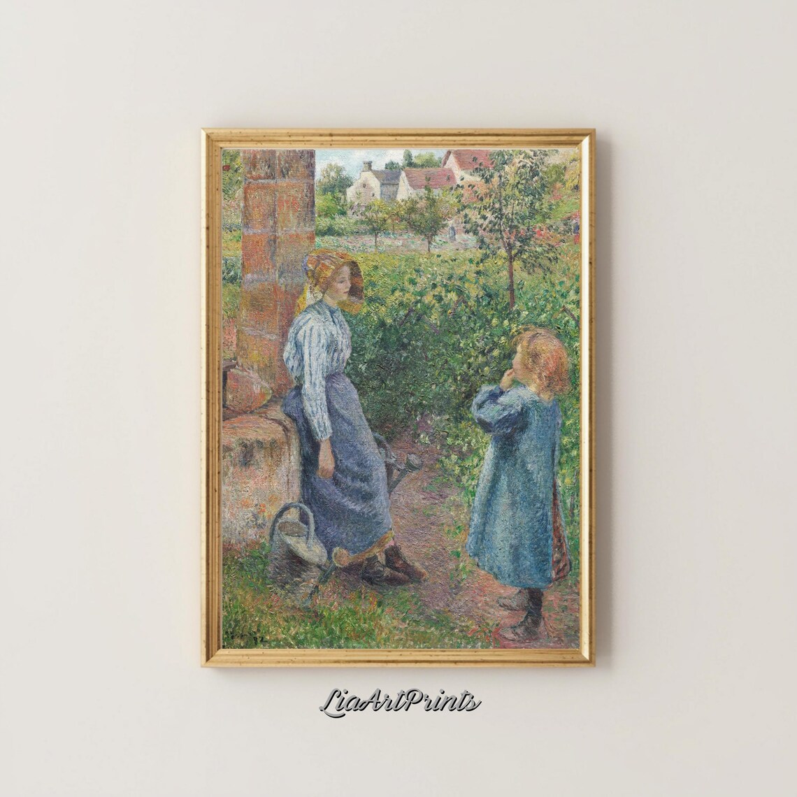 Woman with Child in a Sunny Walled Garden Pointillist Vintage Poster - Image 4