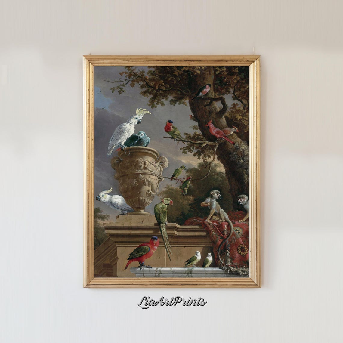 Exotic Parrots and Monkeys Vintage Oil Painting with Stone Urn Poster - Image 3