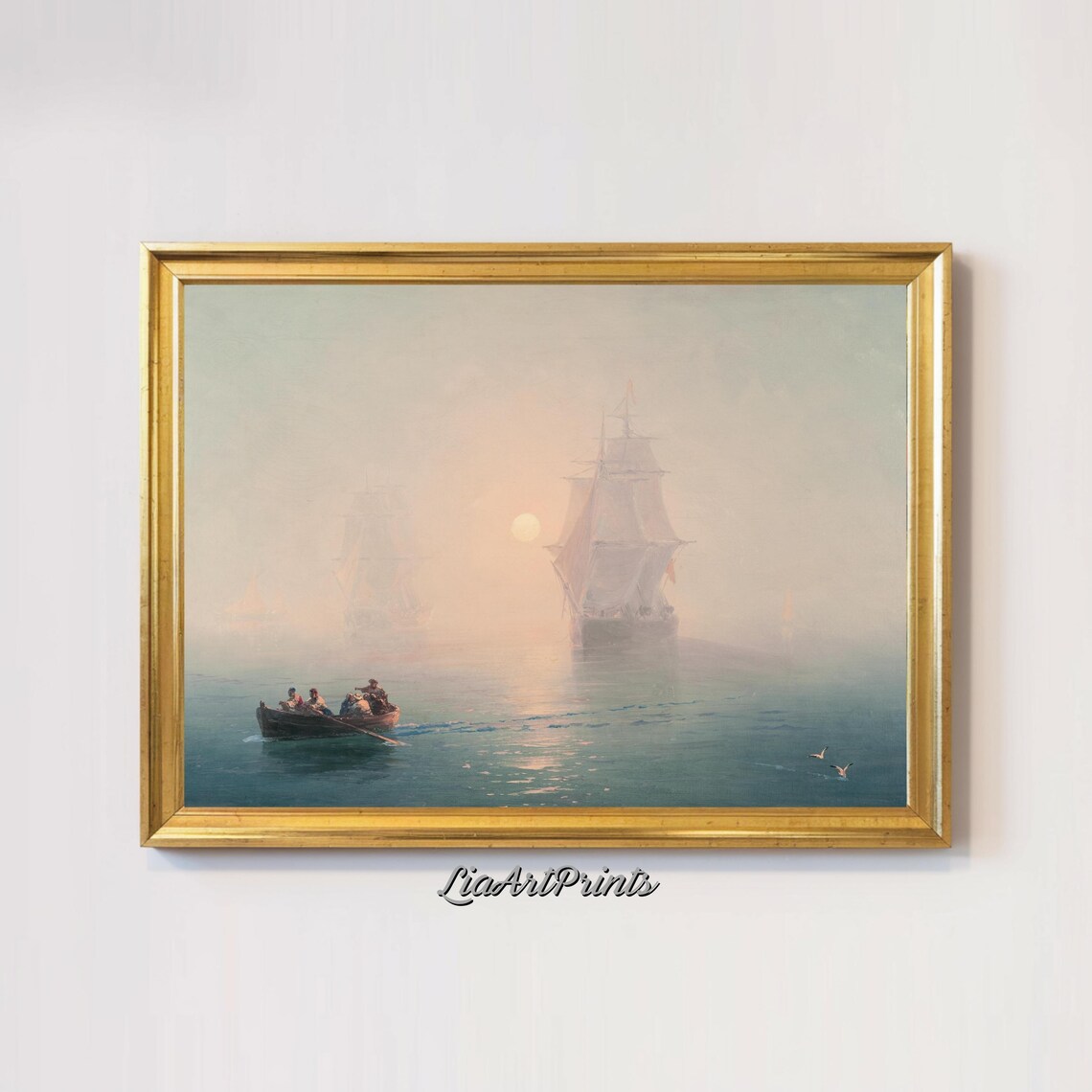 Misty Morning Rowboat and Tall Sailing Ships at Sunrise Vintage Nautical Print - Image 3