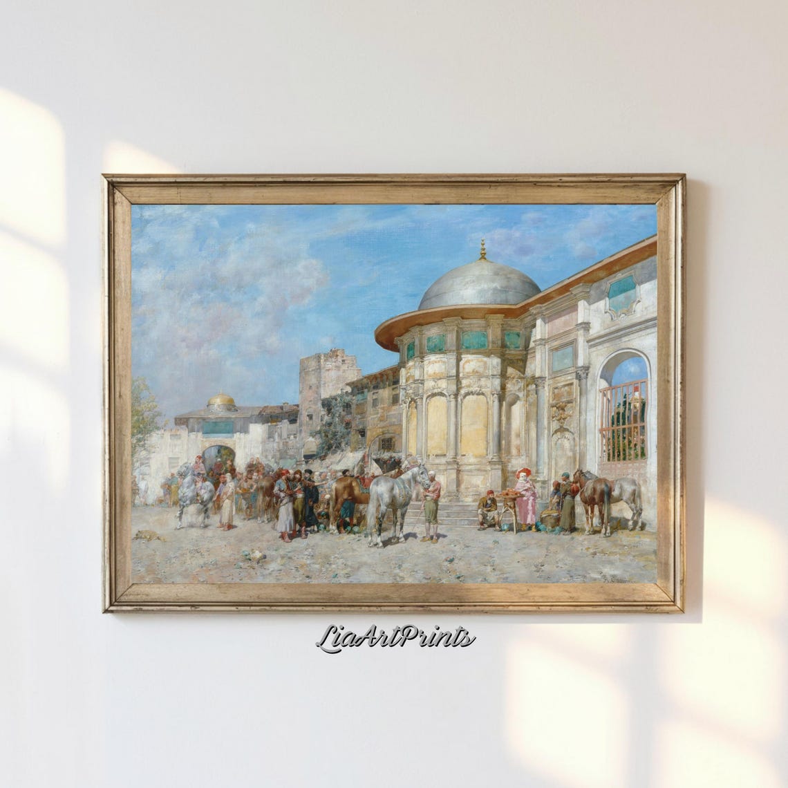 Orientalist Horse Market Bustling Crowd Before Domed Building Poster