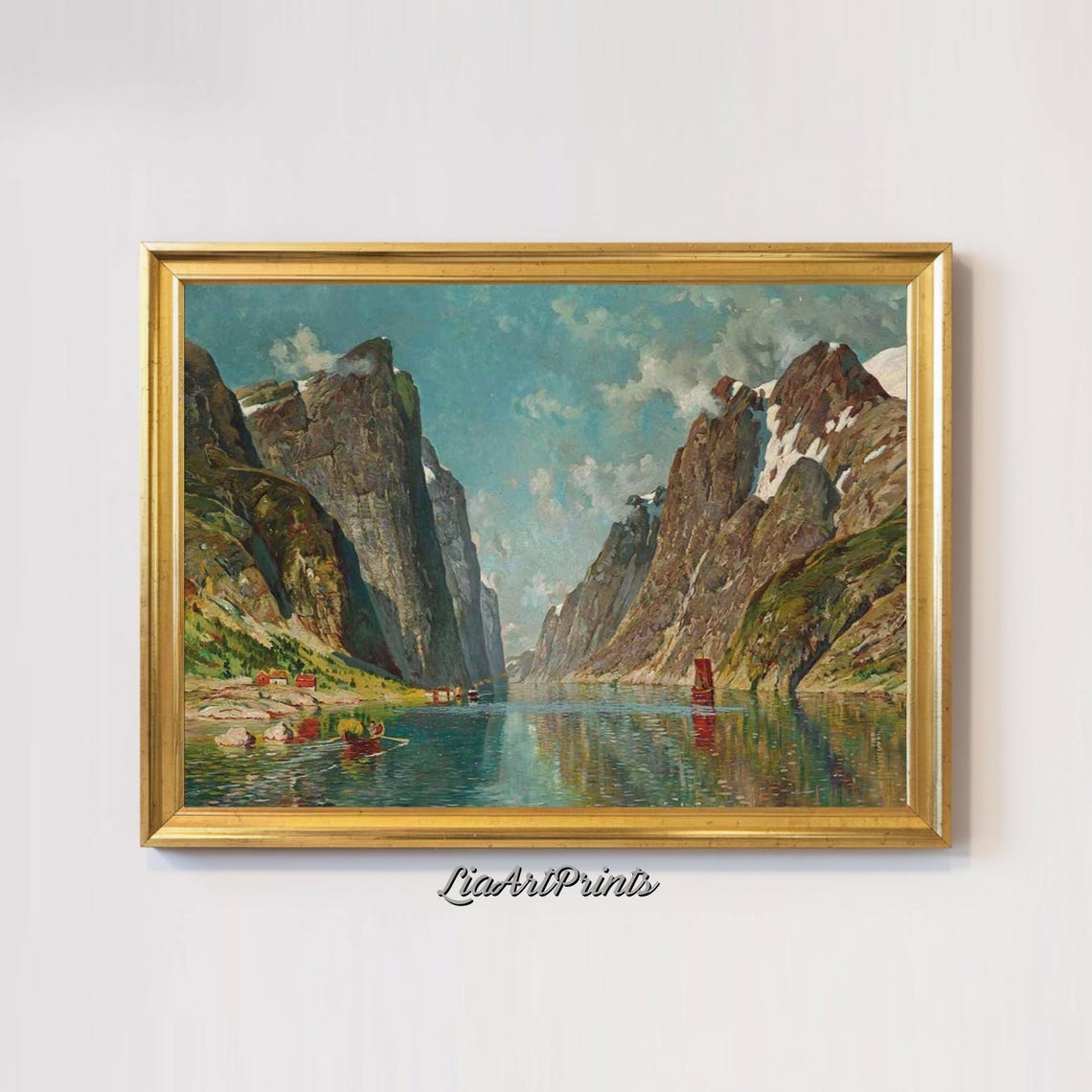Fjord Steep Cliffs Calm Water Boats Antique Mountain Landscape Poster - Image 2