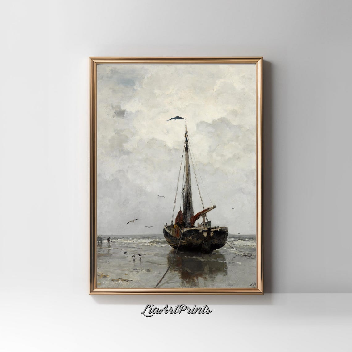 Beached Fishing Boat Cloudy Sky Vintage Coastal Marine Painting Poster - Image 2